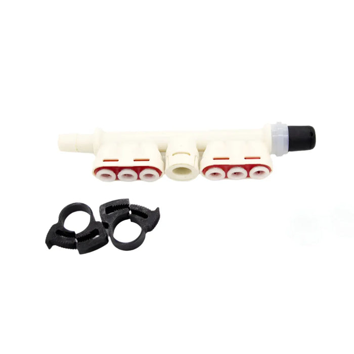Injector spider system manifold with plastic clips, white component and red seal detailing