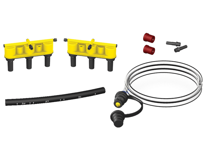 On-board marine battery watering system kit with yellow manifolds, tubing, and connectors