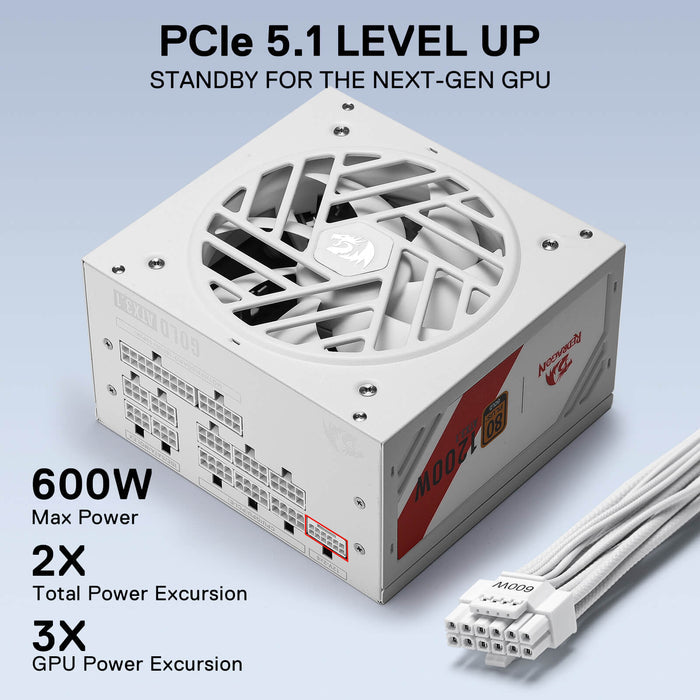 Redragon RGMS-1200W PRO 80+ Gold 1200 Watt Power Supply w/Upgraded ATX 3.1 & PCIe 5.1 Fully Modular, Compact 150mm Size, Smart ECO Low Noise Fan, 100% Japanese Capacitors, Full Mod Cables, White