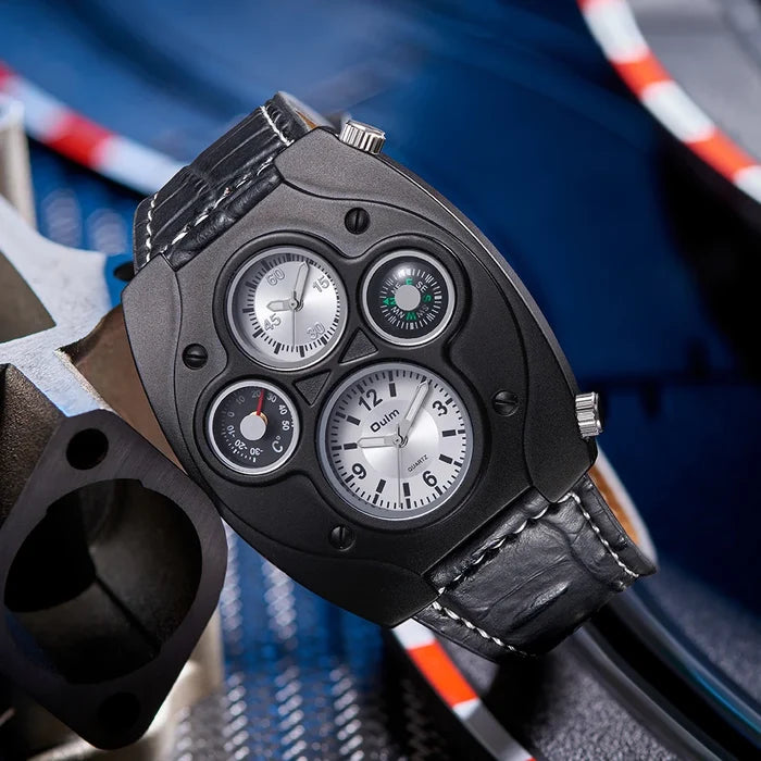 Men's Leather Watch: Large Face Dual Timezone Oversized Dial Leather Strap Analog Quartz Watch