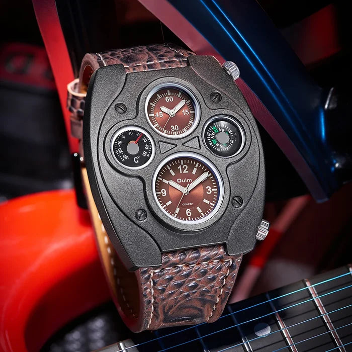 Men's Leather Watch: Large Face Dual Timezone Oversized Dial Leather Strap Analog Quartz Watch