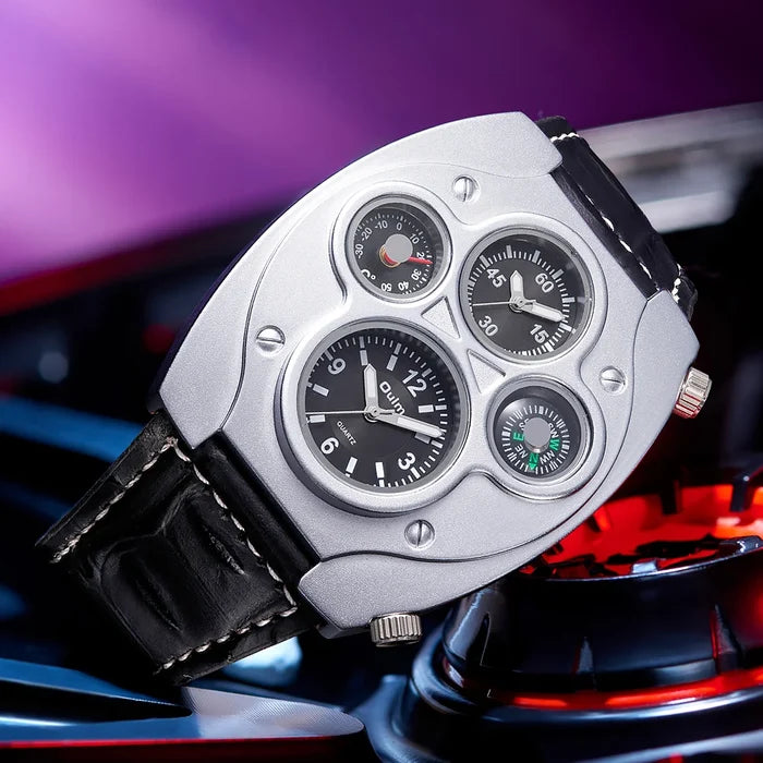 Men's Leather Watch: Large Face Dual Timezone Oversized Dial Leather Strap Analog Quartz Watch