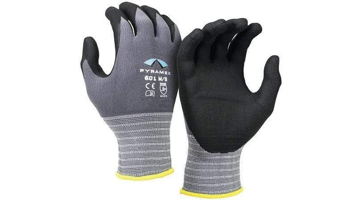 Gray and black micro-foam nitrile coated safety work gloves, ergonomic design
