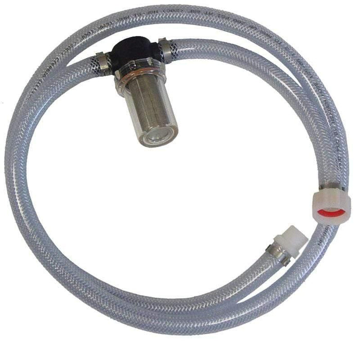 Clear braided replacement hose assembly with metal filter and plastic connectors for power equipment