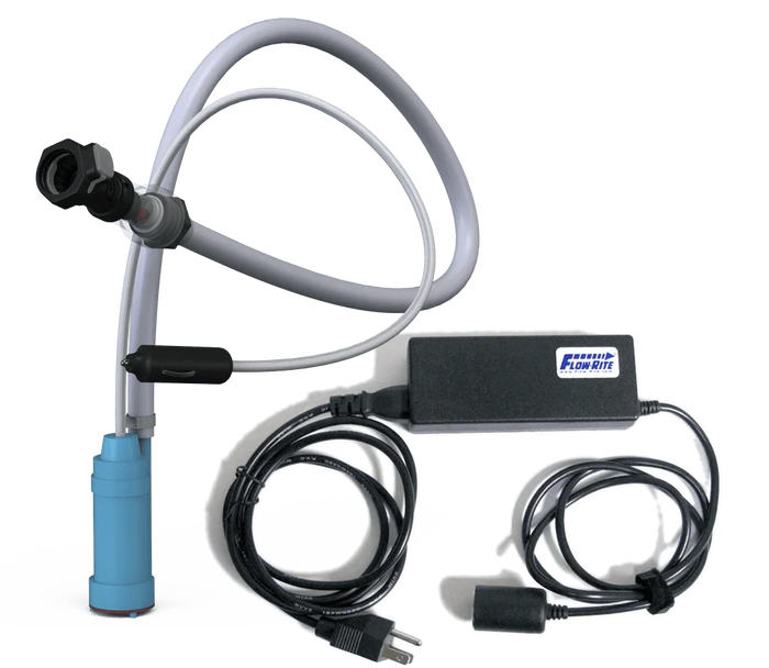 Mini water supply pump with blue housing, tubing, power adapter, and Flow-Rite label