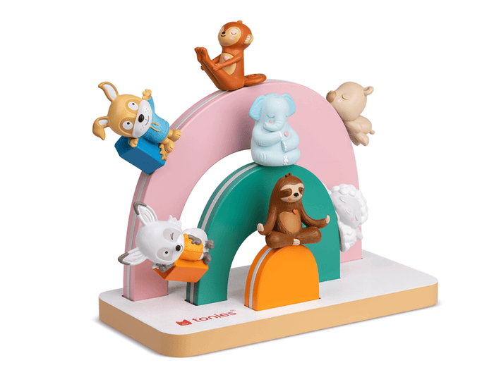 Small Rainbow Tabletop Shelf for Tonies with tonies on it