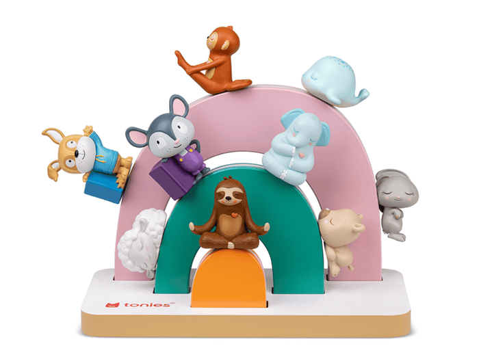Small Rainbow Tabletop Shelf for Tonies with tonies on it straight on view