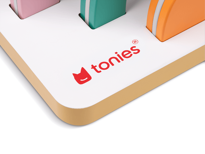 Small Rainbow Tabletop Shelf for Tonies zoomed in with tonies logo detail
