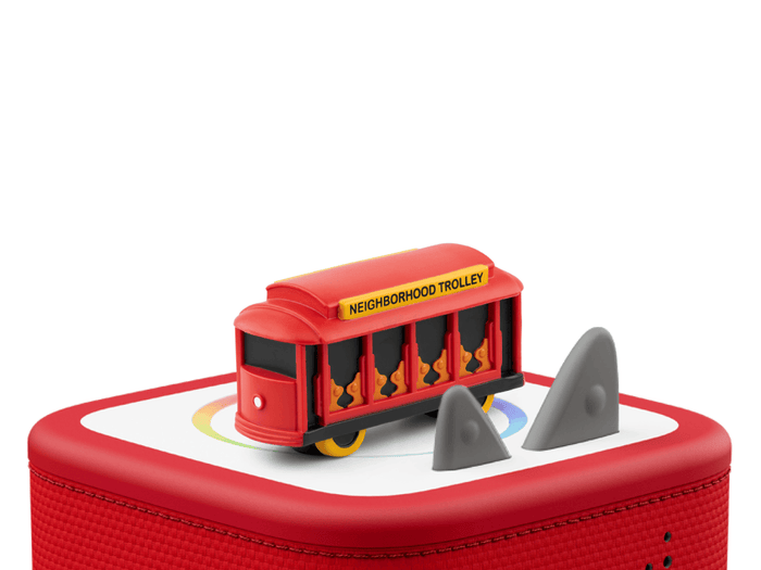 Mister Rogers Neighborhood Tonie on a red Toniebox 2 ready to play audio stories and songs
