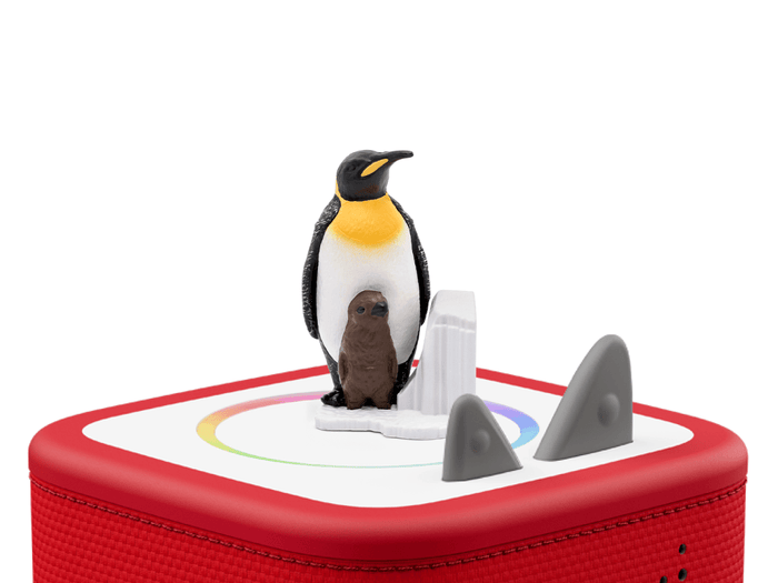 Penguin Tonie on a red Toniebox 2 ready to play audio stories and songs