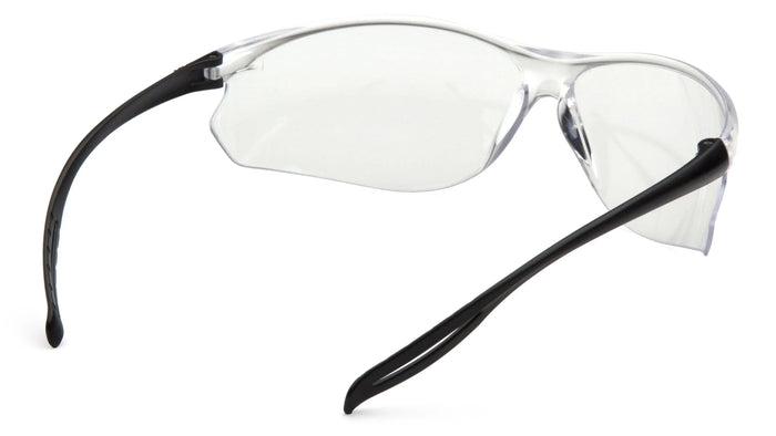 Clear safety glasses with black arms for eye protection and workplace safety