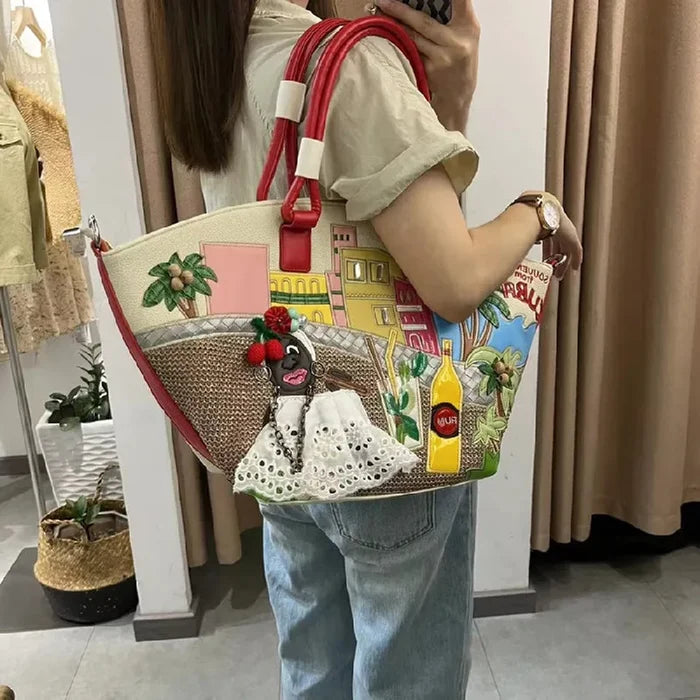 New Fashion Handbag Large Capacity Shoulder Bag Creative Splicing Embroidered Basket Bag Holiday Bag