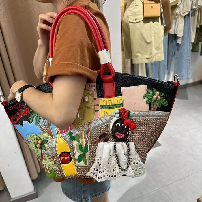 New Fashion Handbag Large Capacity Shoulder Bag Creative Splicing Embroidered Basket Bag Holiday Bag