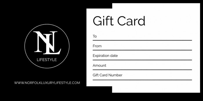 A black and white gift card template design with a circular 'NL Lifestyle' logo on the left and a white card form on the right labeled 'Gift Card' with fields for To, From, Expiration date, Amount, and Gift Card Number.