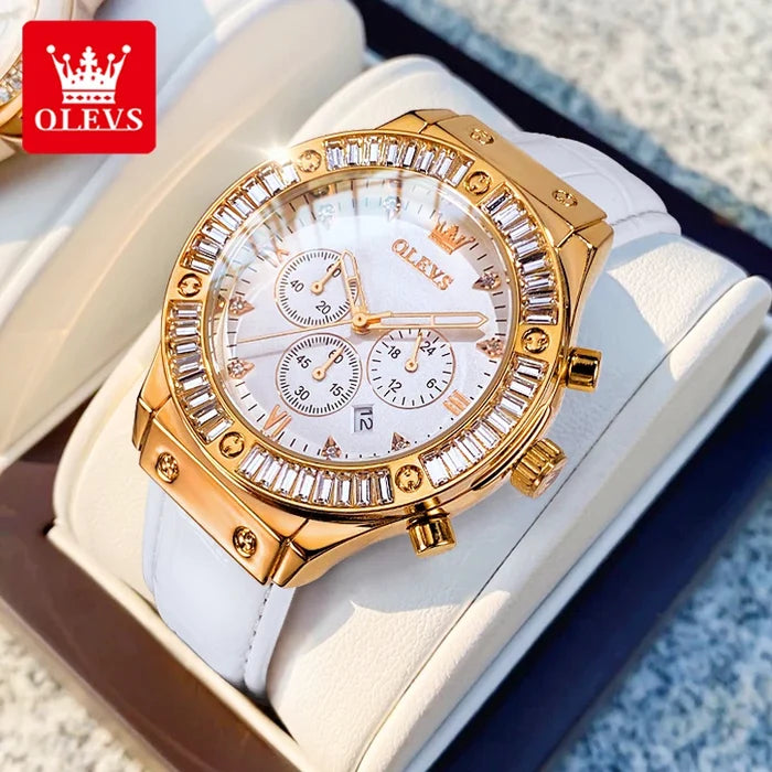 OLEVS 9978 Elegant Women's Watches Diamond Dial Leather Strap Multi-function Wristwatch
