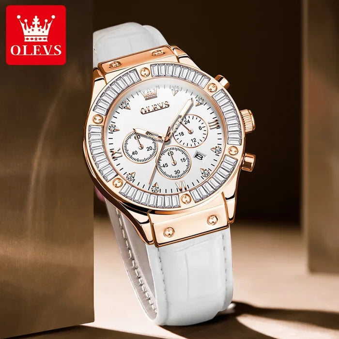 OLEVS 9978 Elegant Women's Watches Diamond Dial Leather Strap Multi-function Wristwatch