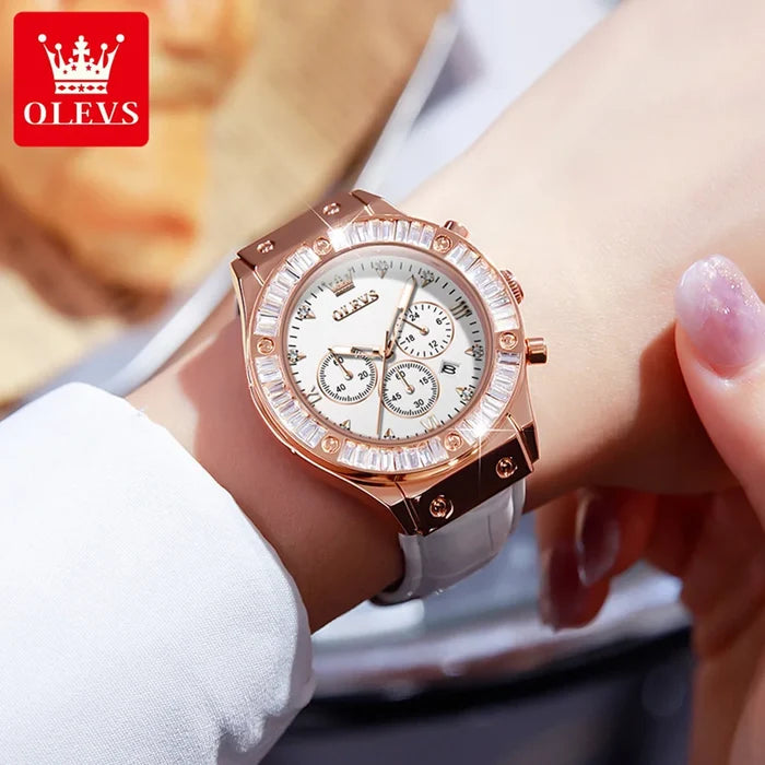 OLEVS 9978 Elegant Women's Watches Diamond Dial Leather Strap Multi-function Wristwatch
