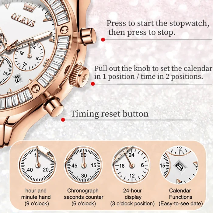 OLEVS 9978 Elegant Women's Watches Diamond Dial Leather Strap Multi-function Wristwatch