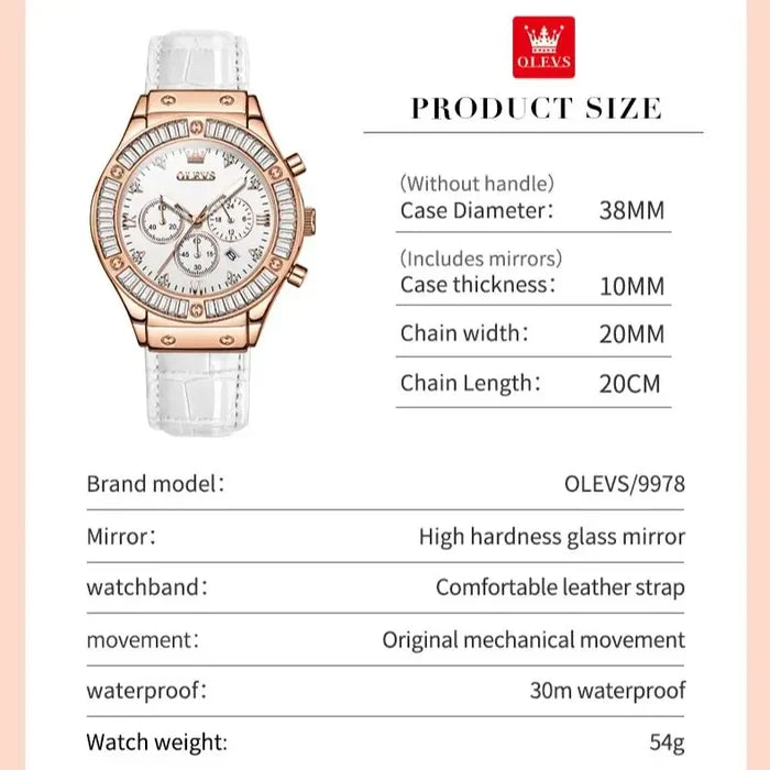 OLEVS 9978 Elegant Women's Watches Diamond Dial Leather Strap Multi-function Wristwatch