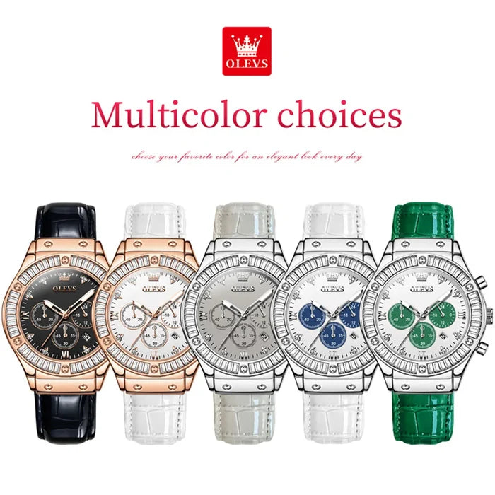 OLEVS 9978 Elegant Women's Watches Diamond Dial Leather Strap Multi-function Wristwatch