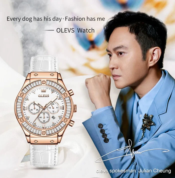OLEVS 9978 Elegant Women's Watches Diamond Dial Leather Strap Multi-function Wristwatch