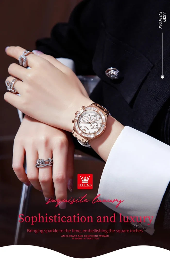OLEVS 9978 Elegant Women's Watches Diamond Dial Leather Strap Multi-function Wristwatch
