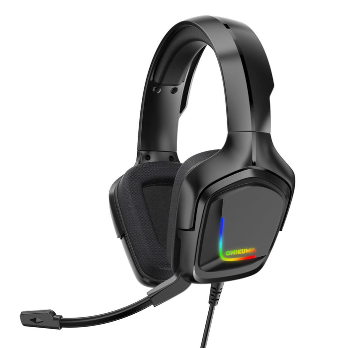 Black gaming headset with adjustable headband, noise-canceling microphone, RGB LED lighting on ear cups, wired connection, SKU: K20