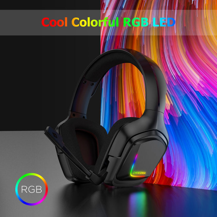 Gaming headset with colorful RGB LED lights, over-ear design, black color, adjustable headband, suitable for gaming setups