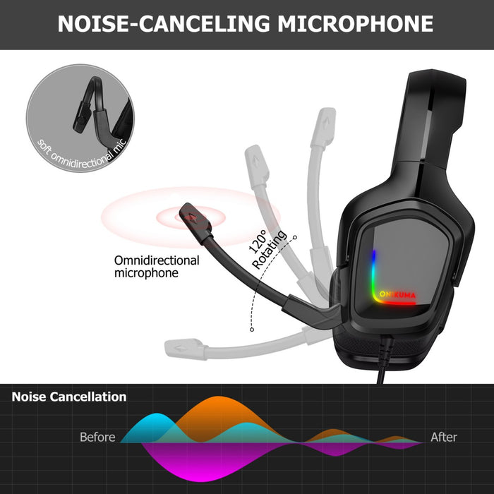 Close-up of gaming headset with noise-canceling microphone, soft ear cushions, adjustable headband, black color, SKU: K20