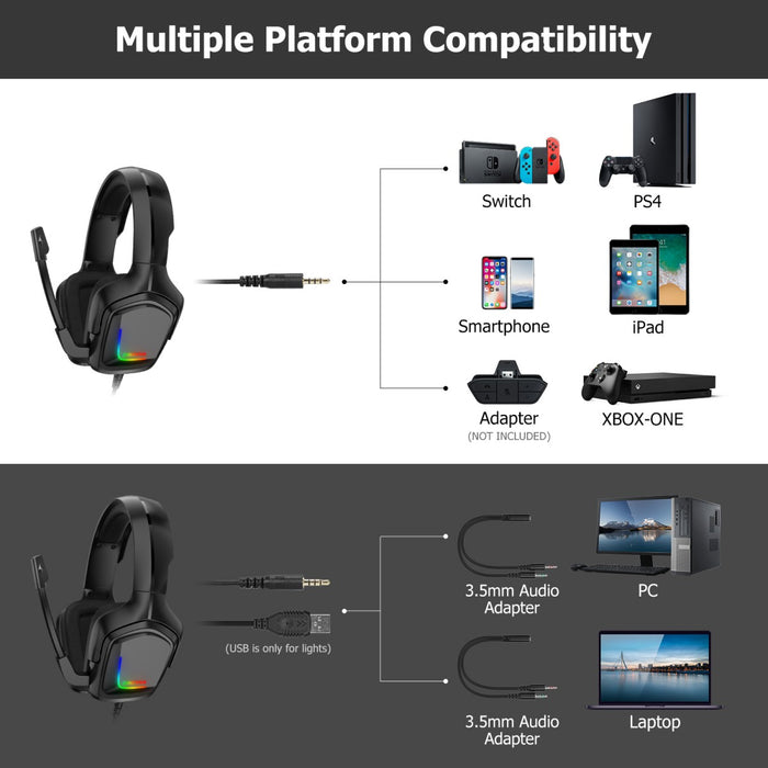 Black gaming headset with RGB lighting on ear cups, adjustable headband, and attached microphone, connected via 3.5mm audio jack