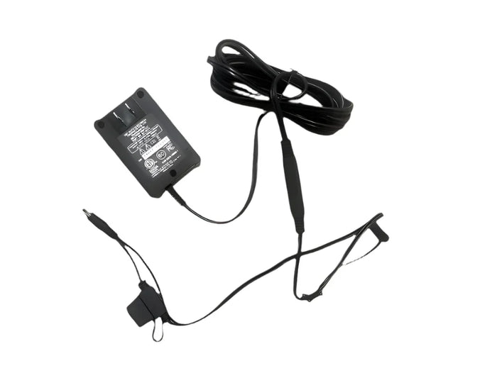 Battery charger with power cord and clips for watering cart on white background