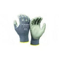 Gray polyurethane coated safety work gloves with textured palm and elastic cuffs