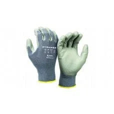 Gray polyurethane coated safety work gloves with textured palm and elastic cuffs