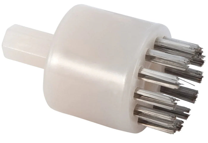 White power brush head with metal bristles for cleaning equipment parts