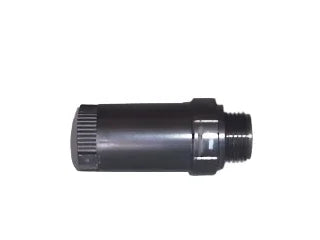 Black cylindrical pressure regulator with threaded end for facility power systems
