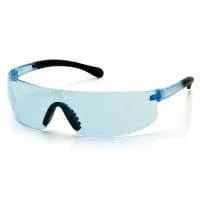 Clear safety glasses with blue-tinted wraparound lens and black arms