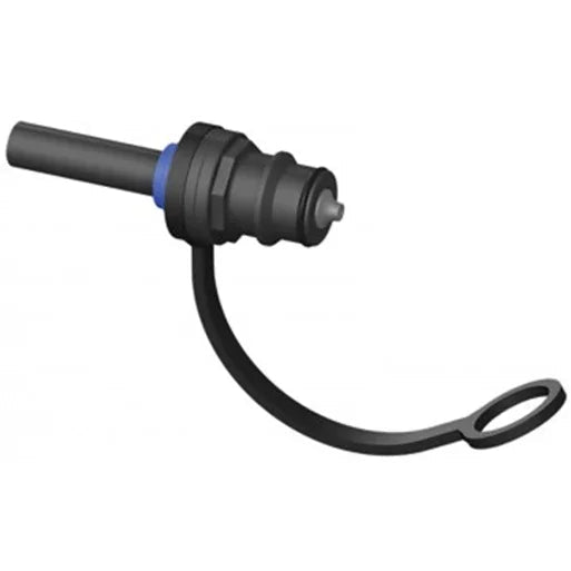 black plastic water supply purger valve with attached cap on white background