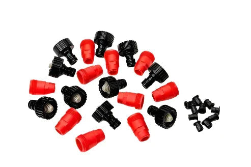 Quick connect water injector caps and plugs in red and black on white background