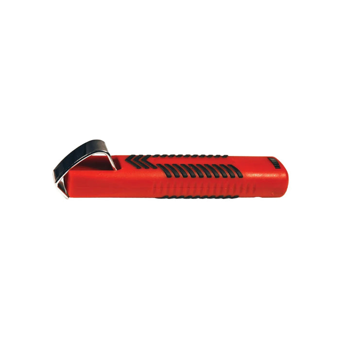Red and black cable stripper tool with metal hook for electrical wire stripping