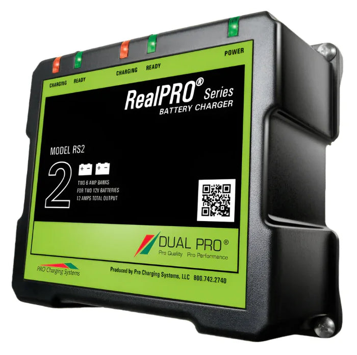 RealPRO Series battery charger with indicator lights and digital display, Model RS2.