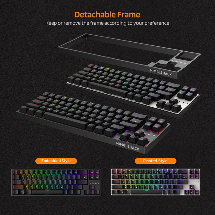 Keyboard with detachable frame feature on a dark background