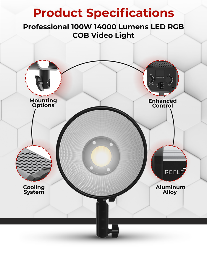 REFLEX CAMERA 100W LED RGB Video Light – COB, 14,000 Lumens, Full Color Spectrum, 8 FX Scenes, App Control, 3200-5600K, 97 CRI, Ideal for Continuous Lighting Photography
