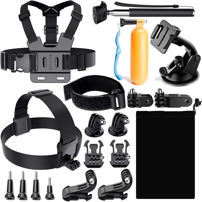 Gopro Accessory Kit with chest harness, head strap, floating grip, selfie stick, mounts, screws, and storage pouch for versatile camera use.