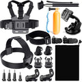 Gopro Accessory Kit with chest harness, head strap, floating grip, selfie stick, mounts, screws, and storage pouch for versatile camera use.