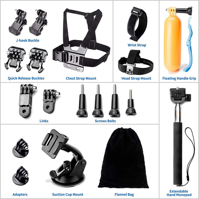 Gopro Accessory Kit with chest and head mounts, wrist strap, floating grip, monopod, suction mount, buckles, screws, adapters, and flannel bag.