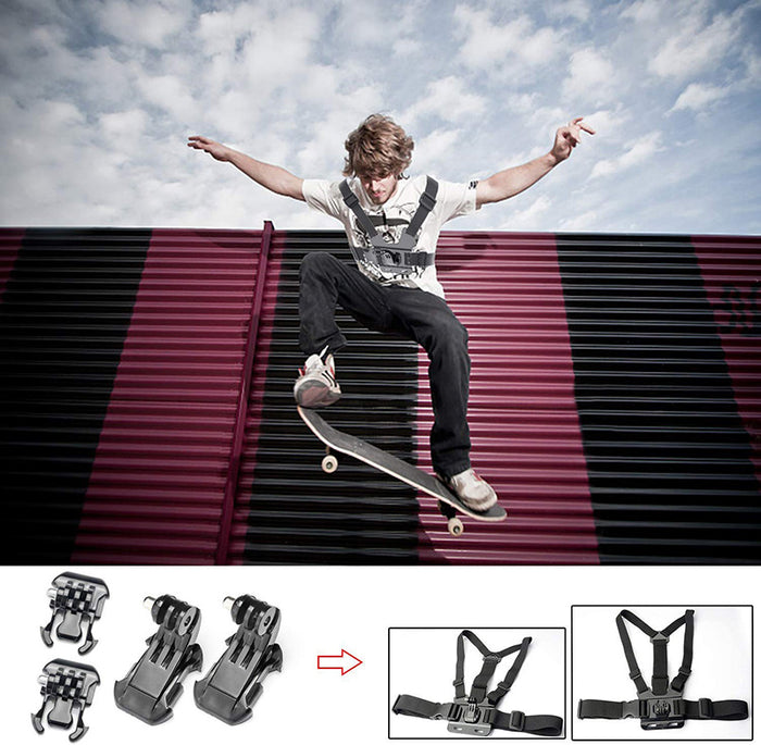 Skateboarder wearing chest mount from Gopro Accessory Kit mid-air, with quick release buckles and mount shown below for action camera setup.