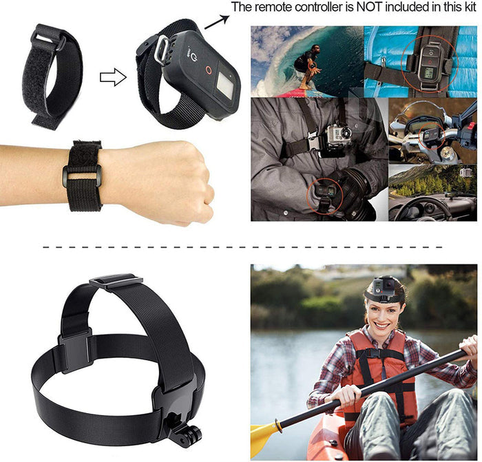 Gopro Accessory Kit shown with wrist strap and head strap mounts, ideal for capturing hands-free footage while kayaking, surfing, or riding.