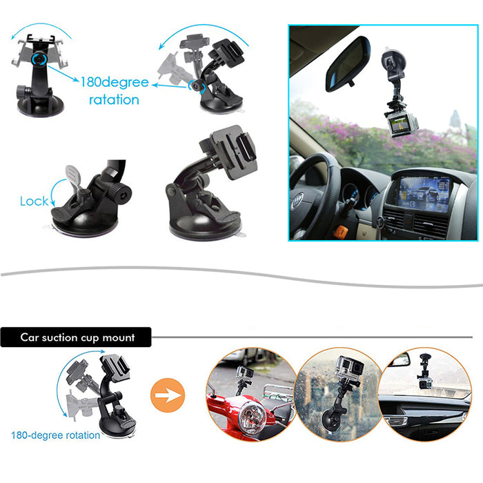 Gopro Accessory Kit with 180° rotating suction cup mount for car dashboards or windshields, shown in use on a car interior and motorcycle.