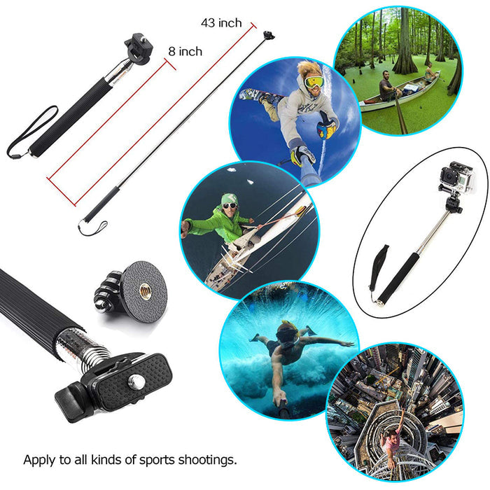 Gopro Accessory Kit selfie stick extends from 8 to 43 inches, shown in action for skydiving, kayaking, diving, sailing, and extreme sports photography.