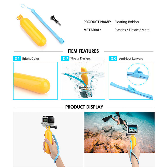 Gopro Accessory Kit floating bobber with bright yellow grip, anti-lost blue lanyard, and floaty design for filming underwater without losing the camera.